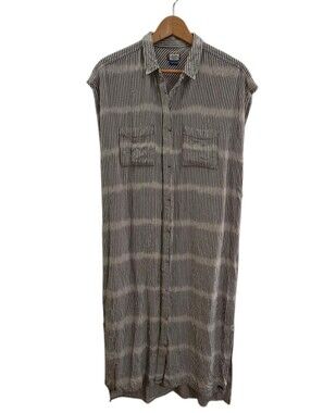 Kavu - Shirt Dress Button Front  Cover-up in Gray& White Stripes Coastal, Resort